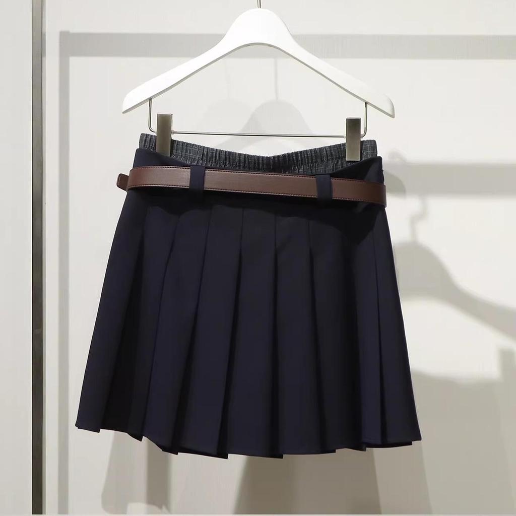 In Stock 2026 Spring College Style Belted High Waist Pleated A-Line Short Skirt for Women