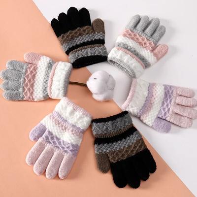 1 Pair Winter Warm Kids Gloves Cute Striped Split-Finger Knitted Gloves for Boys and Girls 3-8 Years