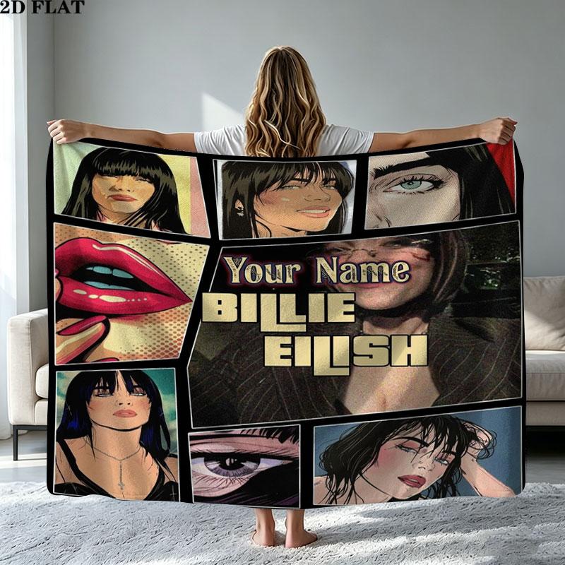 1PC Billie Eilish Custom Name Patterned Flannel Blanket Suitable For All Seasons for Home Decor Warmth and Comfort Gifts Holiday Present