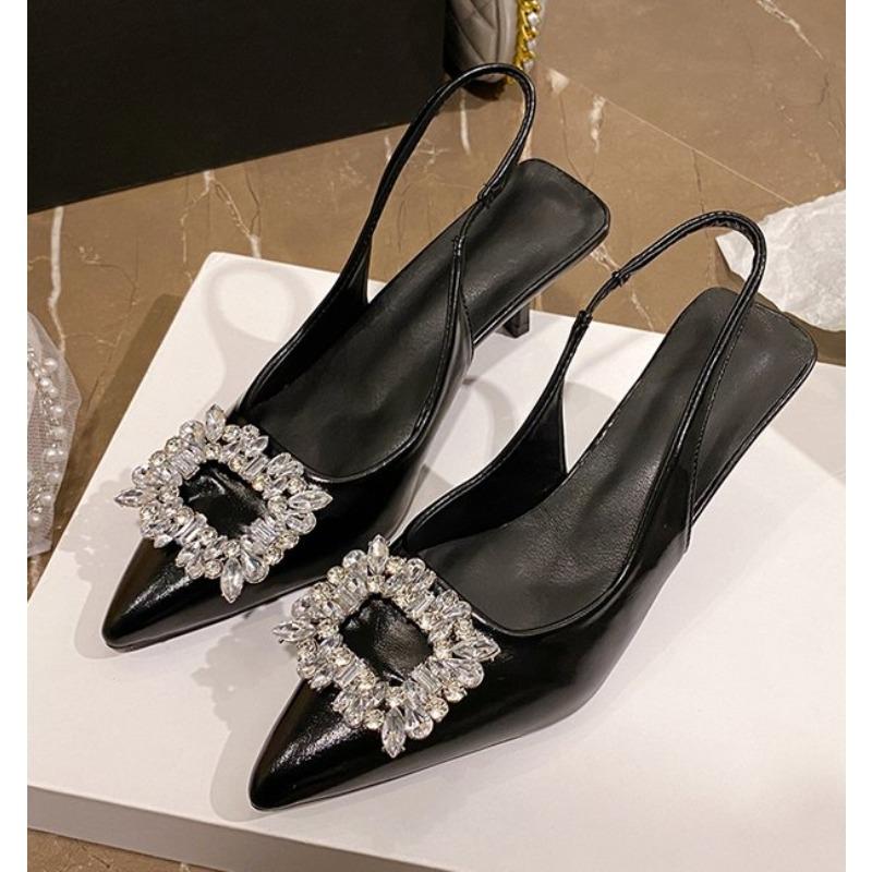 New Women's Black Rhinestone Pumps Medium Pointed Closed New Spring Gladiator Block Dancing High Heels Shoes