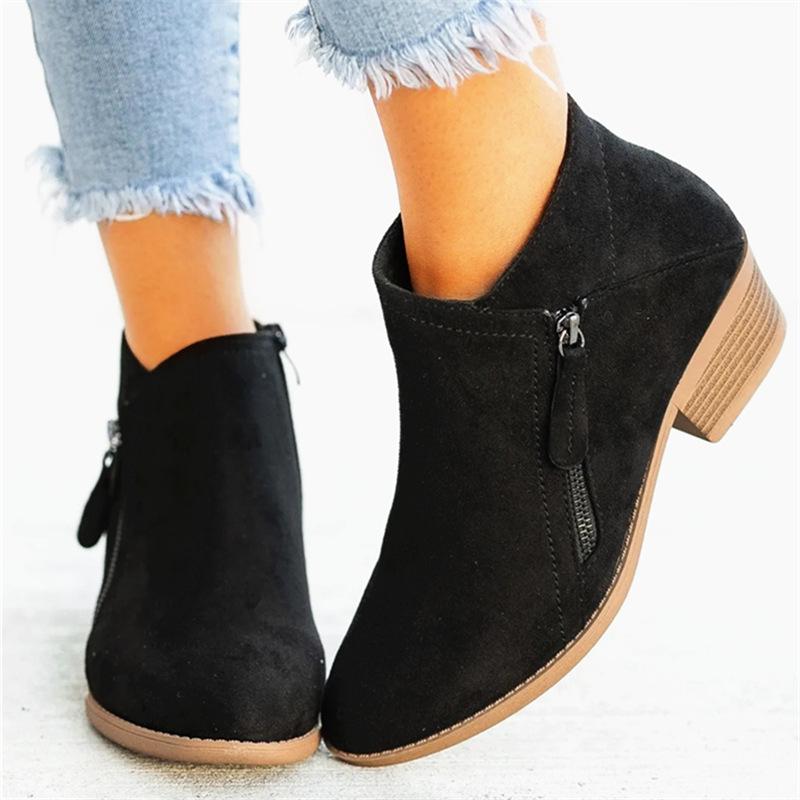 Gyh Women Side Zipper Boots Fashion Suede Low Heel Shoes Women Short Boots Square Heels Casual Ankle Boots Plus Size Botas Mujer