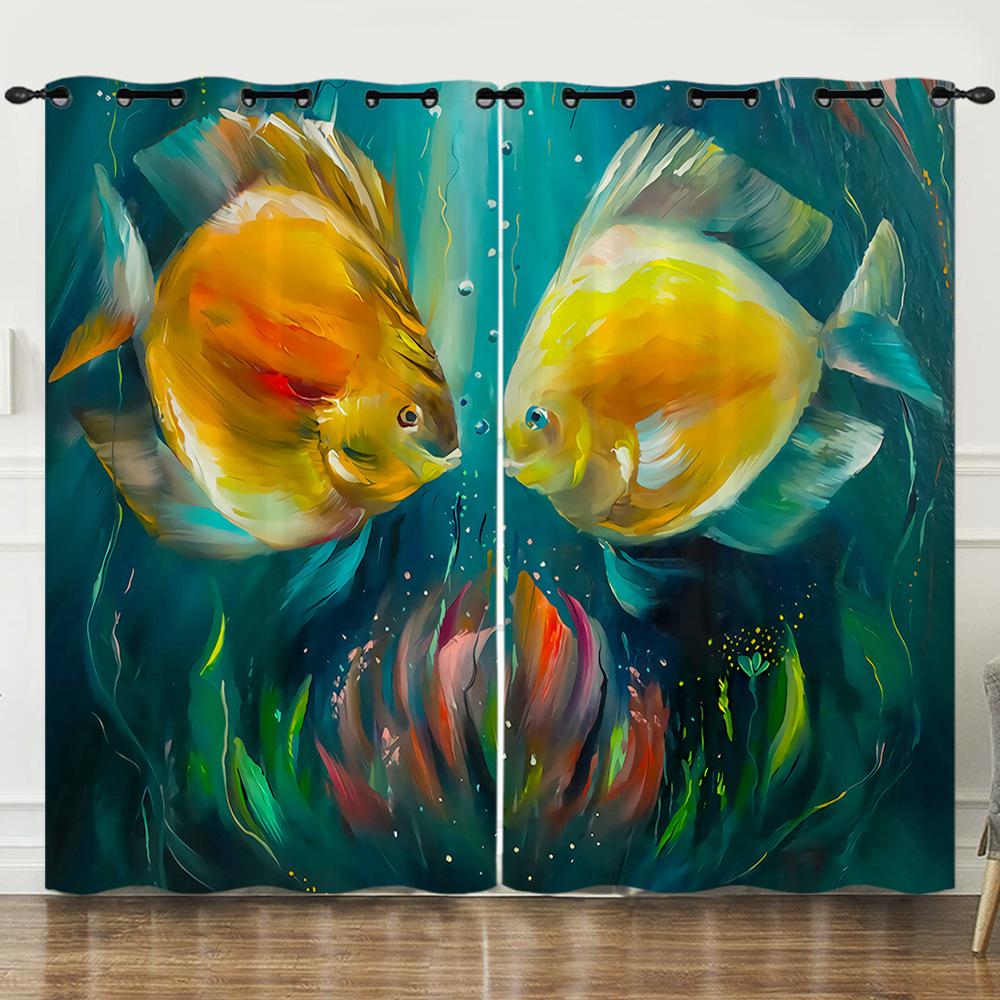 Curtain Illustration Marine Life Shark 3D Digital Printing Blackout Curtain Punching