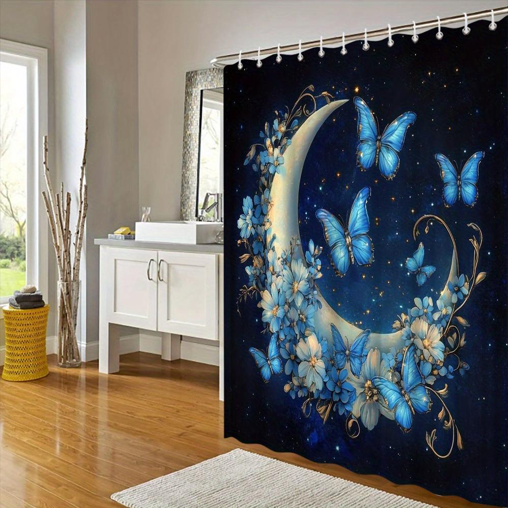 1pc Enchanted Forest Shower Curtain - Crescent Moon with Golden Vines & Blue Butterflies Design, Whimsical Magical Polyester Bat