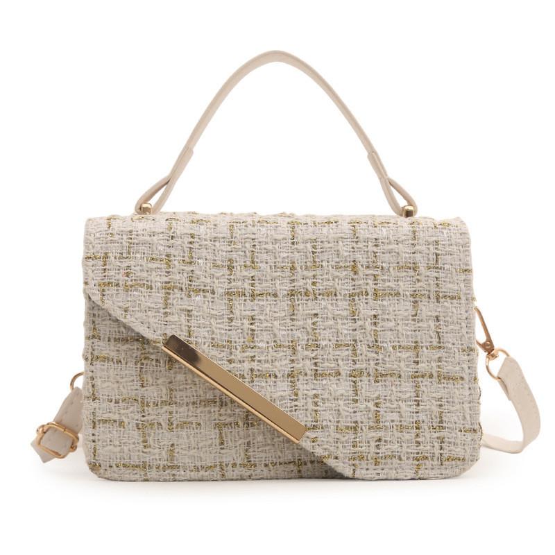 Simple Woven Plaid Texture Diagonal Buckle Women Small Square Bag Casual For