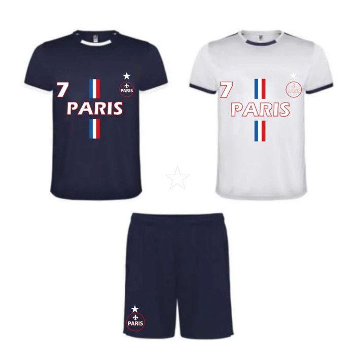 Ensemble foot enfant Paris 1 étoile – 2 tee-shirts + 1 short inspiré victoire - - Bleu