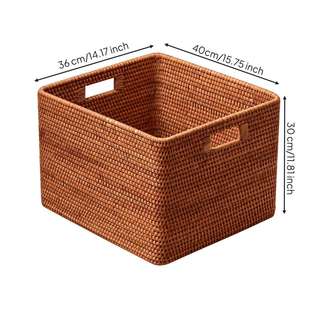 Rectangular Rattan Storage Basket with Handles Sturdy Handwoven