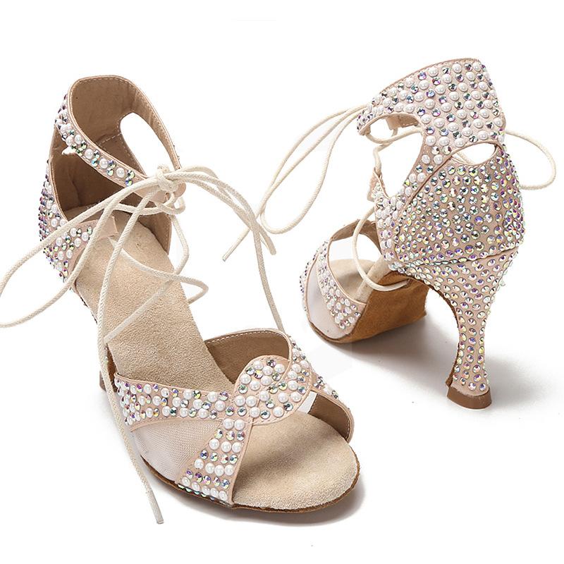 Mesh Studded Diamond Latin Dance Shoes for Adult Women Strap High Heels Professional Soft Soled Social Dance Shoes