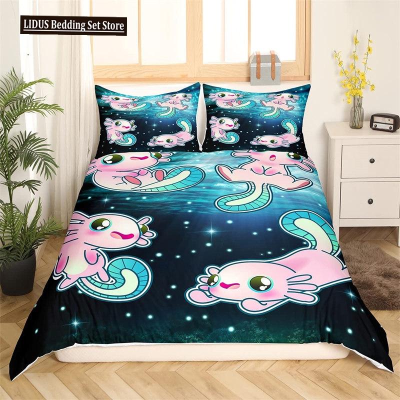 Cute Axolotl Duvet Cover Set Full Size Cartoon Salamander Bedding Set Kawaii Animals Comforter Cover Constellation Black Decor