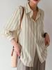 Retro Striped Long Sleeve Shirt with Fold Collar and Pocket - Korean Casual Spring/Summer Style