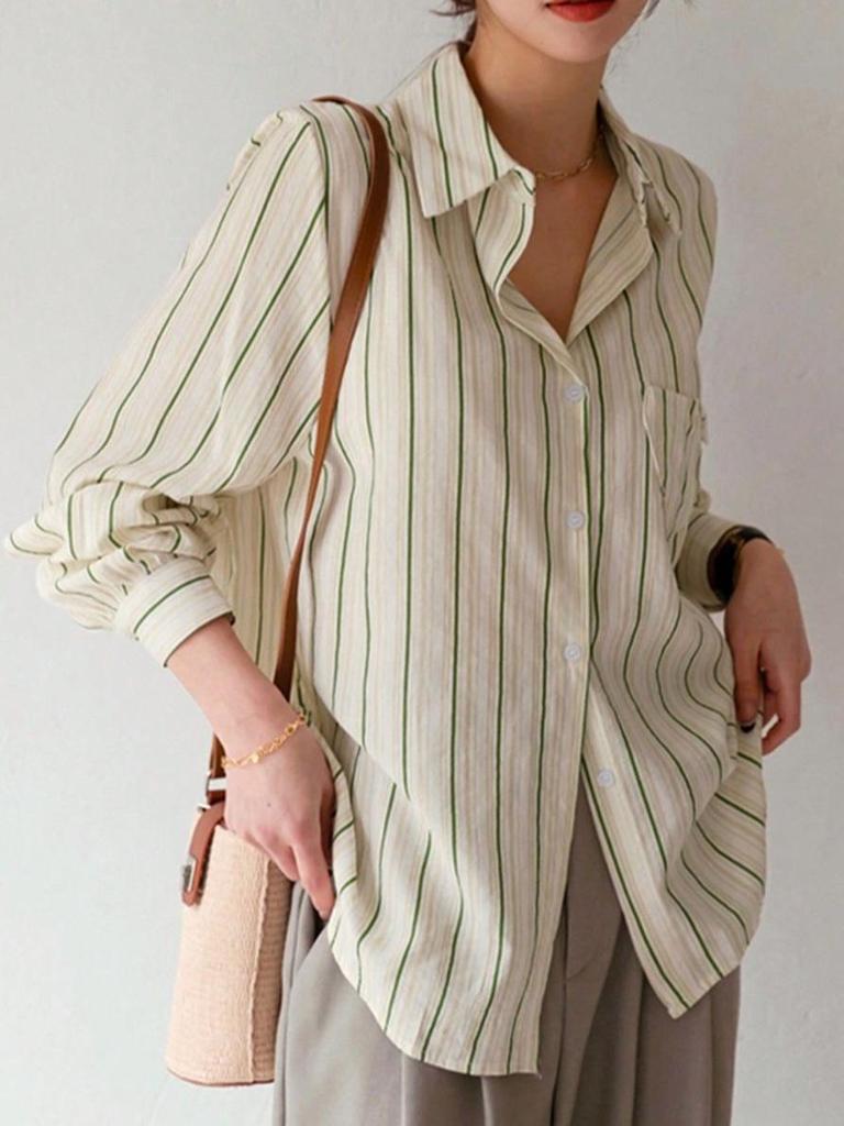 Retro Striped Long Sleeve Shirt with Fold Collar and Pocket - Korean Casual Spring/Summer Style