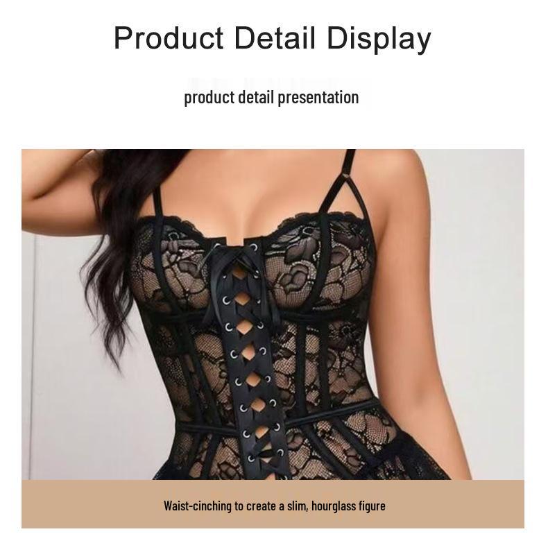 European-Style Women's Black Lace Strappy Bodysuit Lingerie Set