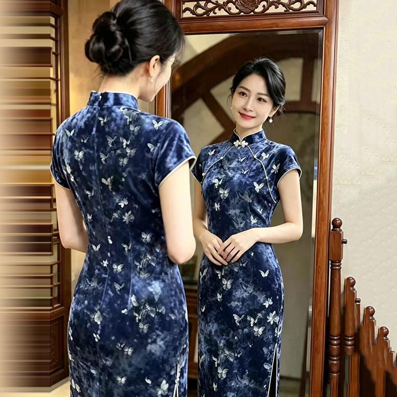 Blue velvet national style new Chinese style Suzhou daily long cheongsam improved young 1011 new women's high sense