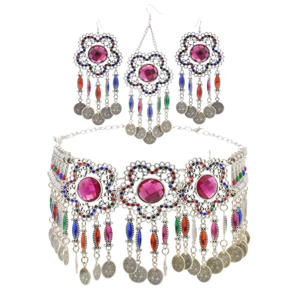 3pcs Indian Afghan Zircon Sets Necklace Earrings Hairbands for Women Boho Ethnic Coins Tassels Colorful Crystal Drop Accessory