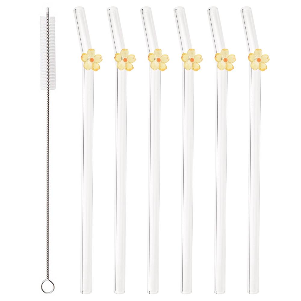 Flower Glass Straws Straight Bend Straws Eco Friendly Reusable Clear Straw for Smoothies Cocktails Drinking Bar Party Tool