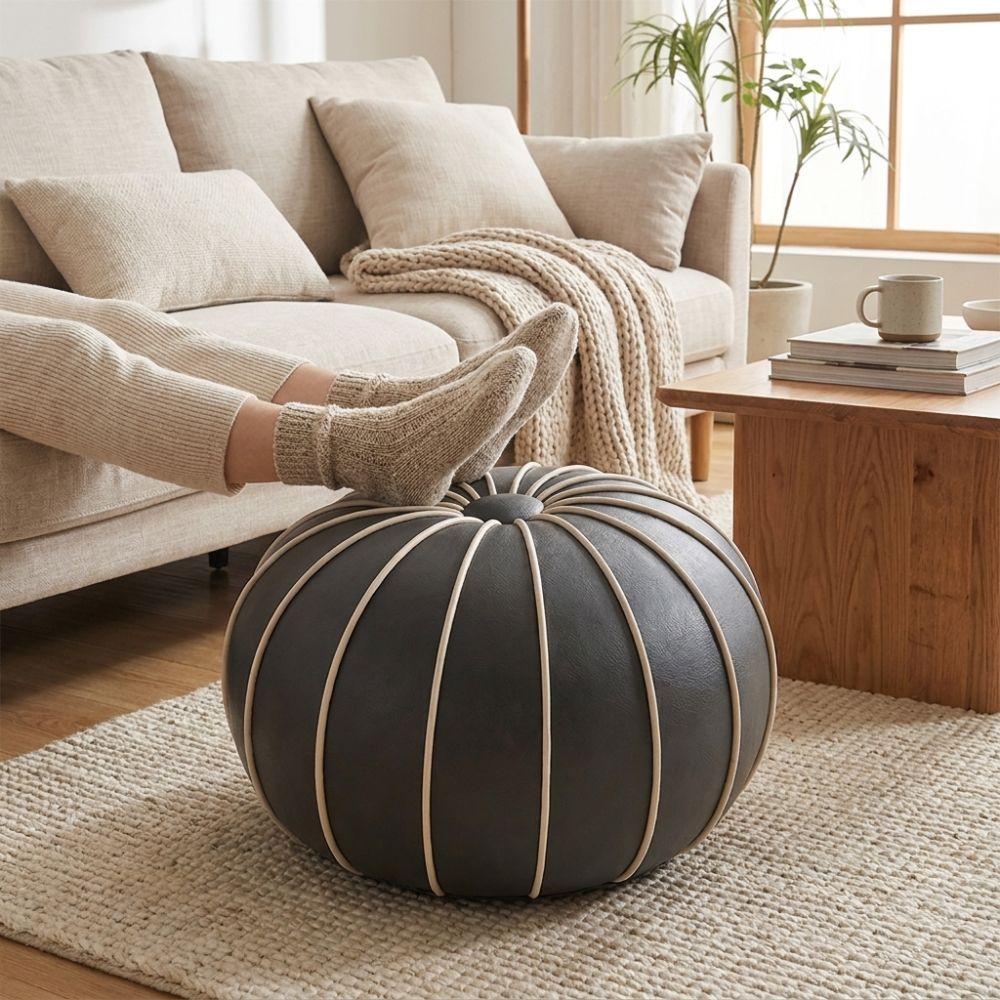 PU Leather Pouf Ottoman Cover Unstuffed Large Capacity Pumpkin Pouf Cover Round Minimalist Sofa Footstool Cover Entrance