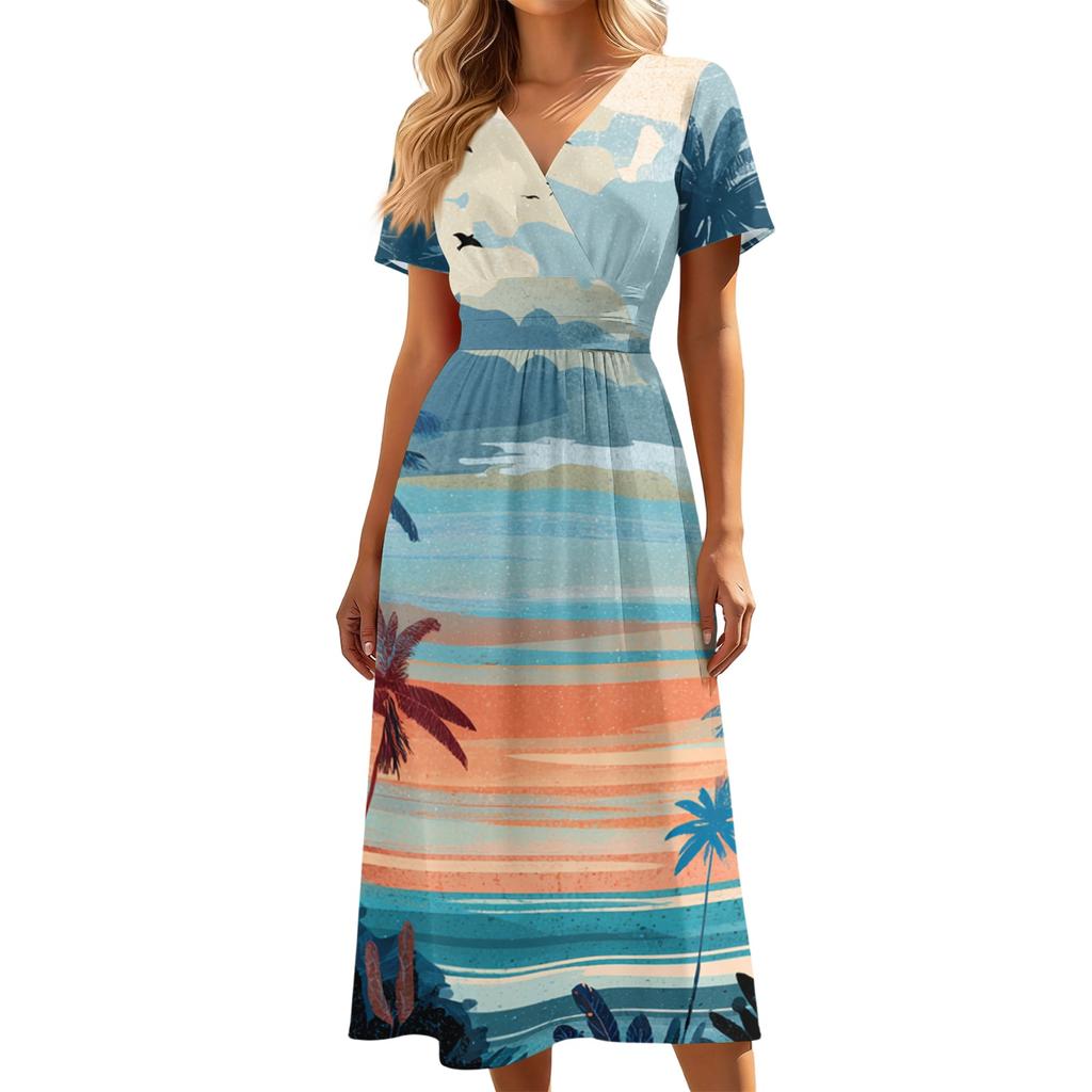 Women's V Neck Short Sleeve Casual Dress Hawaiian Print Midi Dress with Waistband Summer Beach Dress