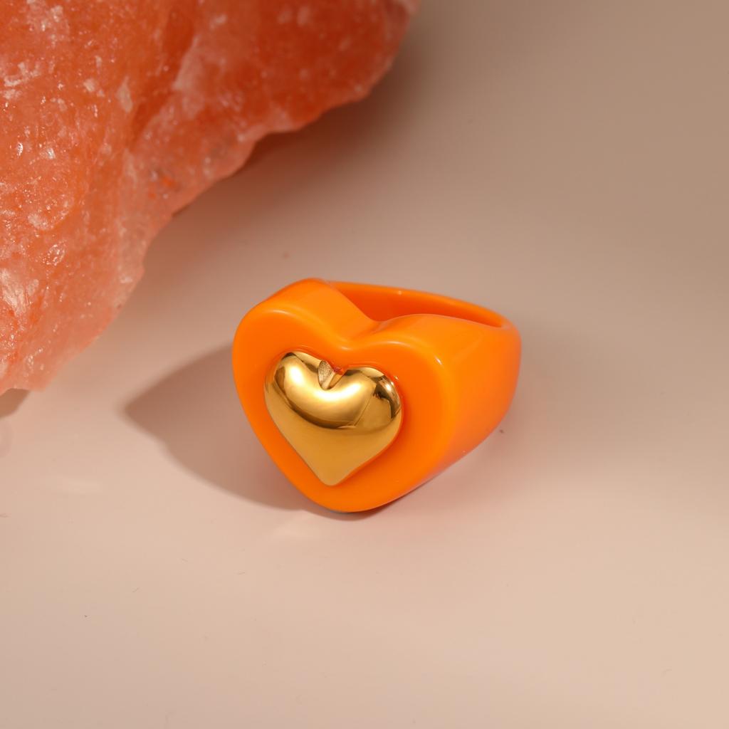 GEMCHIC Women's Colorful Heart Resin Ring with Gold Accent, Adjustable Stainless Steel Fashion Jewelry for Daily Wear