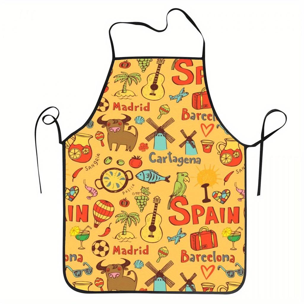 1pc Spanish-Themed Chef Apron Suitable for Men & Women - Unisex Spanish Cultural Kitchen Apron with Spanish Text & Traditional P