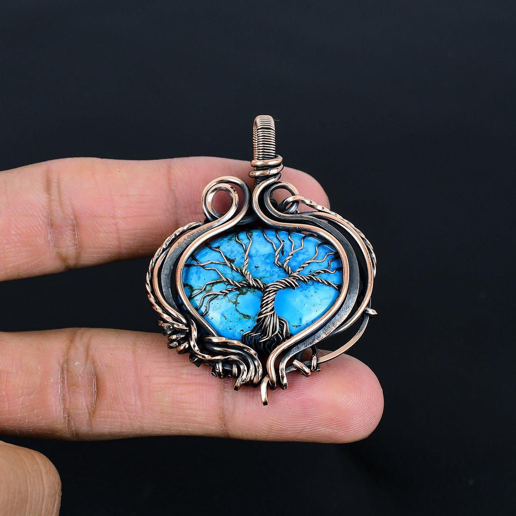 Tibetan Turquoise Pendant, 999 Copper Wire Wrapped Gemstone Jewelry, Handmade Tree Of Life Pendant, For Thanksgiving