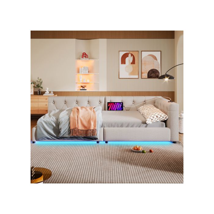 Sofabed, Daybed, Daybed, 90x200cm, Sofabed avec sommier à lattes (sans matelas) USB+Typ-c, Linen, Beige