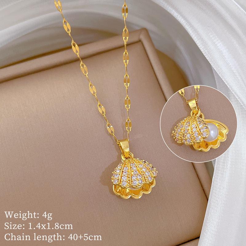 Shell Pearl Necklace Women'S Fashion Small Fresh Collarbone Chain Slightly Inlaid Zircon Simple Couple Collarbone