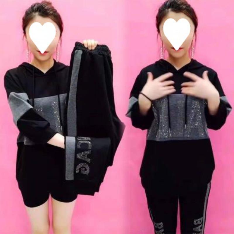 Módní mikina s kapucí a horkými kamínky Dvoudílná sada pro ženy Raný podzim Volný zeštíhlující Ležérní sportovní oblečení