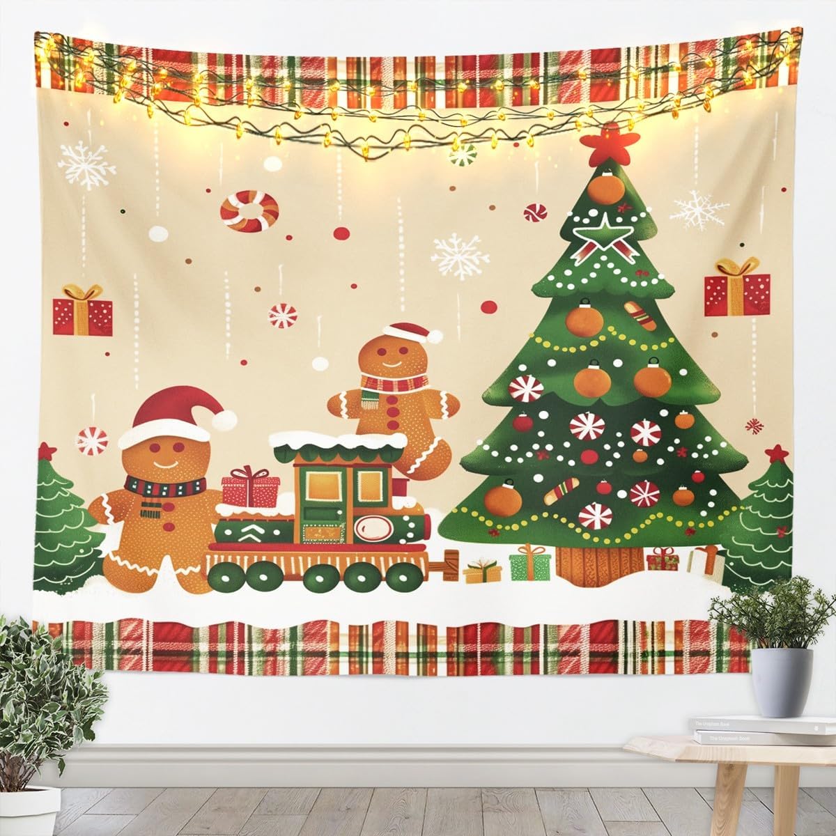 

Рождественские гобелены Домашний декор Принт Санта-Клауса и оленей Настенный декор для двери Офиса, Рождественские сосны Снежинки Красно-зеленый 90x75cm