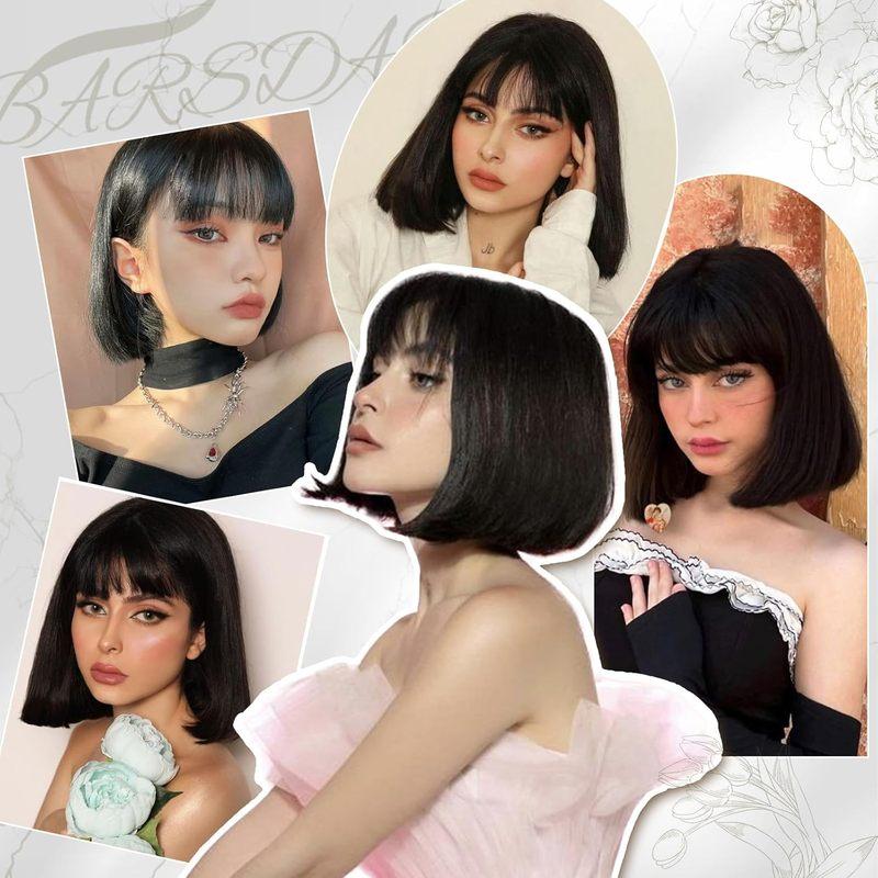 Synthetische 12 Zoll Kurze Bob Schwarze Perücke mit Pony für Damen Natürliches Aussehen Weiches Haarersatz-Perücken Velma Kelly Halloween