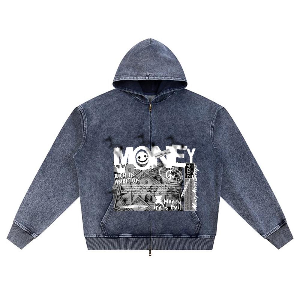 

DTG print Knitted Denim Zip-Up Hoodie Money Isn t Evil Brother Print Zipper Hoodies XL темно-синий