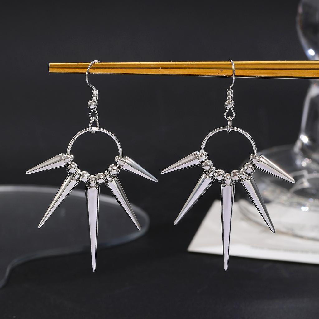 Silver Tone Spike & Black Bead Hoop Earrings, Gothic Punk Rock Rivet Drop Earrings for Women