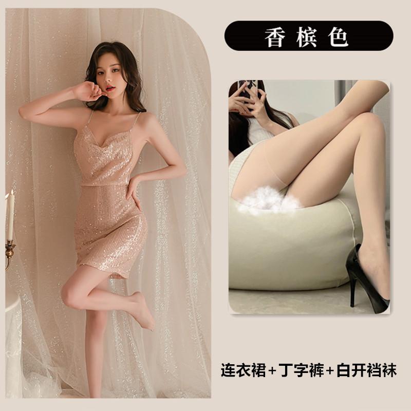 Sex underwear sexy shiny hot temptation halter nightdress perspective uniform no-take-off pajamas