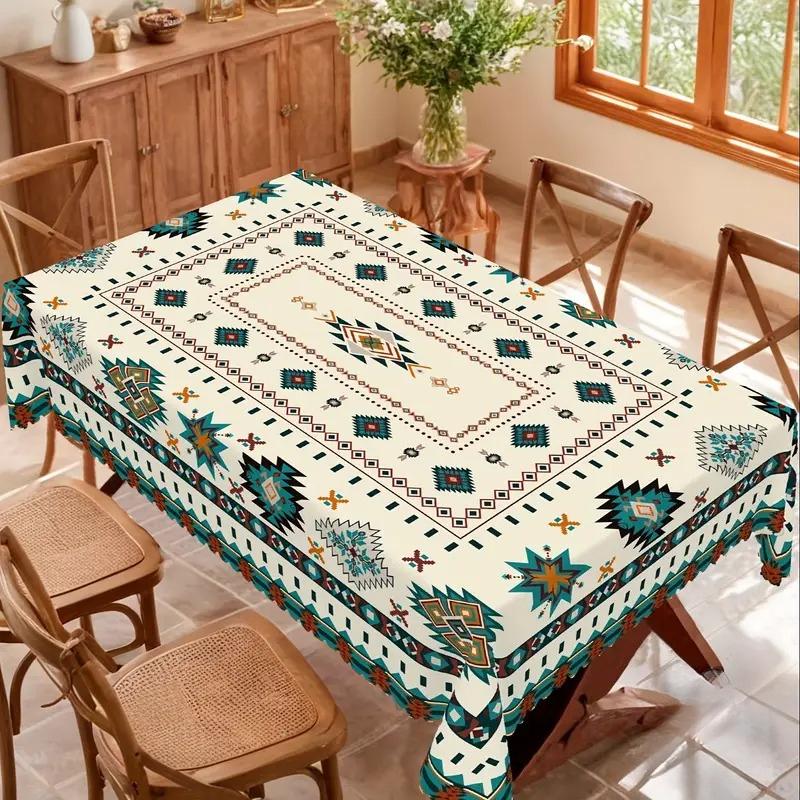 Mexicaanse Azteekse Stijl Rechthoekige Tafelkleed Vakantiefeest Decor Retro Boho Blauw Groen Geometrisch Polyester Tafelkleden Huisdecoratie 140x140cm