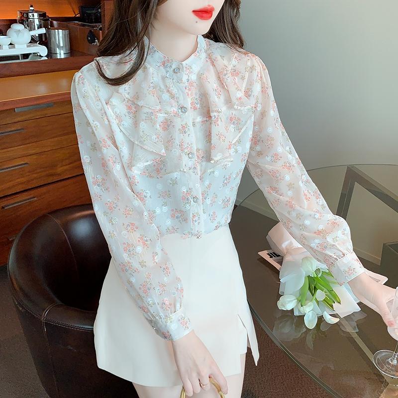Fashion New 2024 Autumn Long Sleeve Stand Collar Casual Ruffles Print Chiffon Blouse Shirt Women Tops Blouses Shirts J505