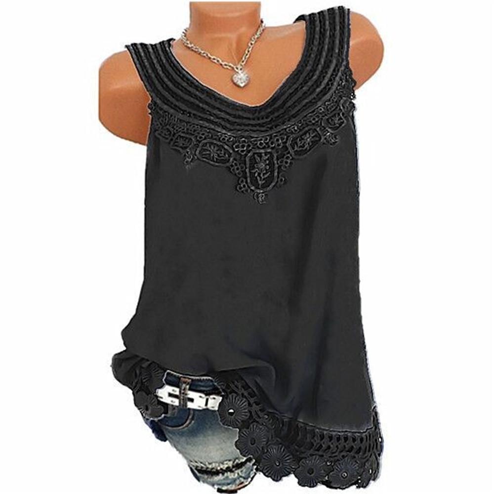 Women's Loose Sleeveless Vest T-shirt Blouse With Elegant Boho Lace Design In Plus Sizes