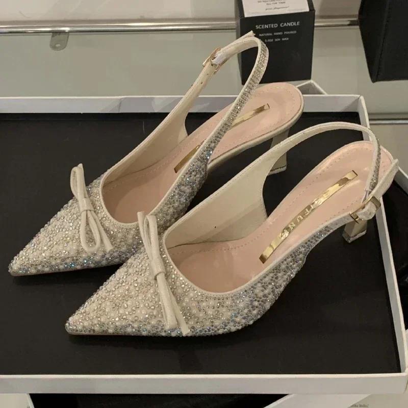 Fashion Sparkling Rhinestone High Heels Women Sexy Pointed Toe Bow Tie Luxury Designer Shoes for Women Elegant Banquet Dress Women Pumps