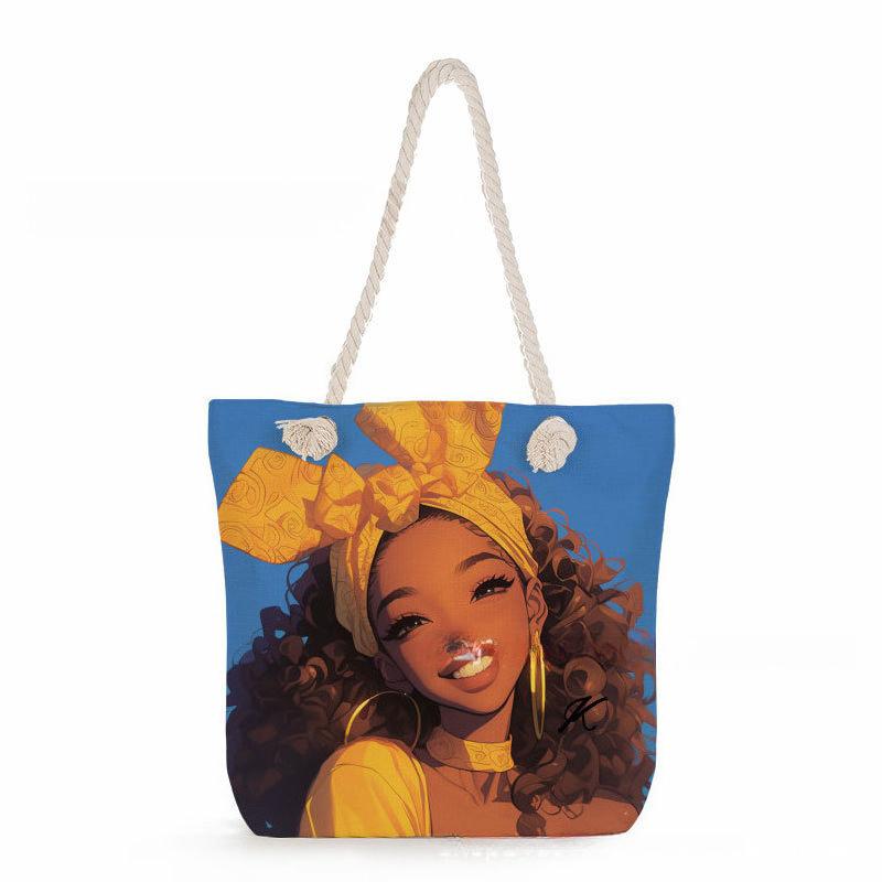 Multifunctional Fairy Tale Style Printed Thick Rope Shoulder Beach Bag Casual Large Capacity Handbag 0106 CLE