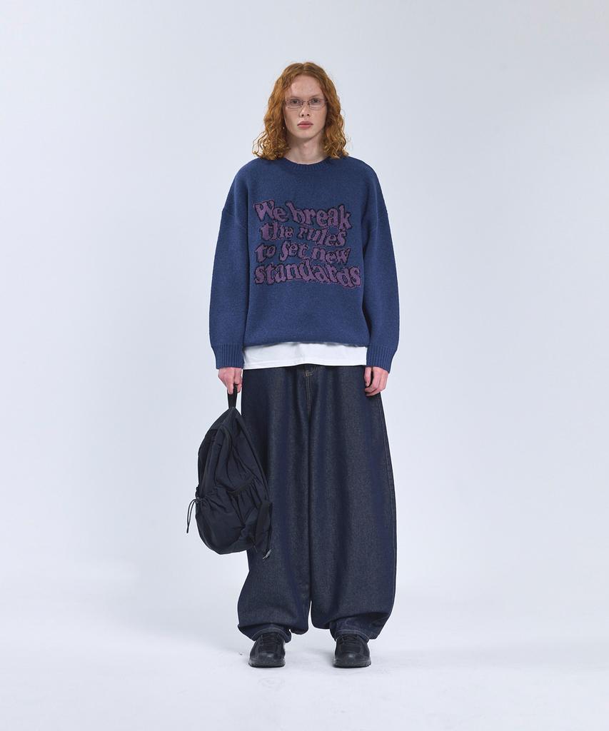 STANDARDERROR 87-Stan191 Art Lettering Oversized Jacquard Knit Navy