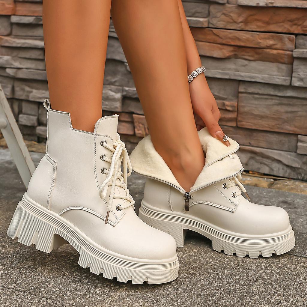 New Women Pu Leather Ankle Booties Woman Autumn Winter Plush Round Toe Lace Up Shoes Woman Motorcycle Platform Gothic Boots 11
