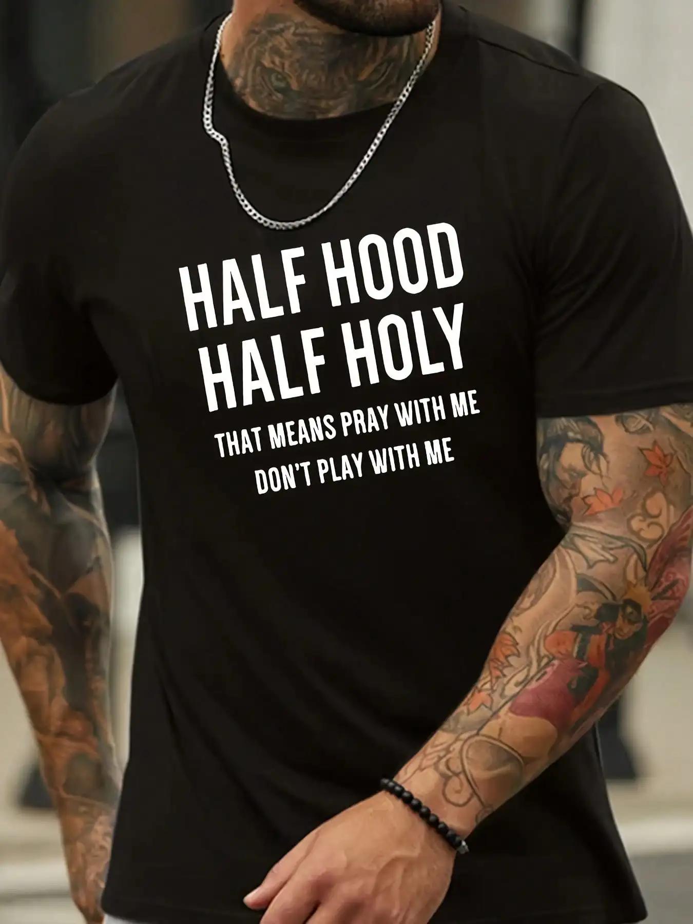 1 Pc 100 Cotton TShirt Half Hood Half Holy Print T Shirt Tees For Men Casual Short Sleeve TShirt For Summer S