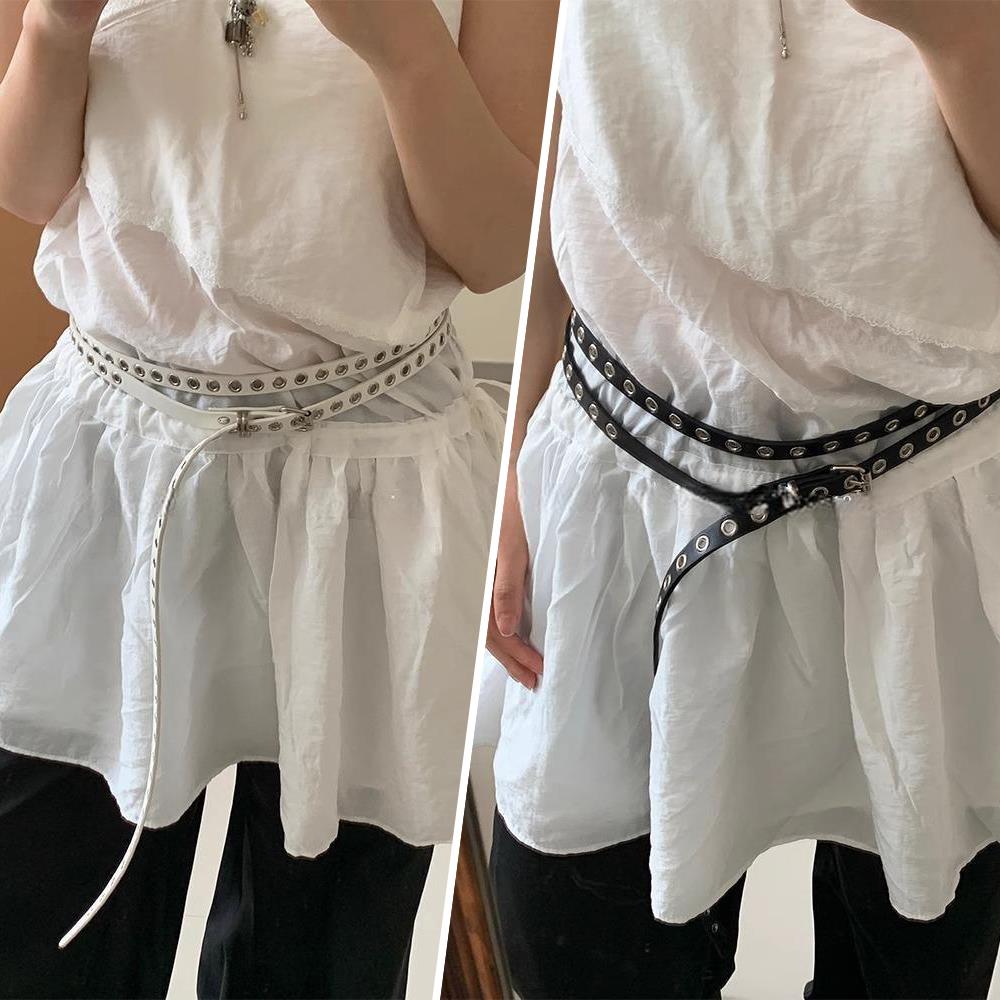 Oeillets Rivets Bricolage Portable Ceinture de Taille en Cuir PU Double Cercle Chaîne de Taille Nouée Extra Longue Mince Ceinture Double Couche Trouée Ceinture