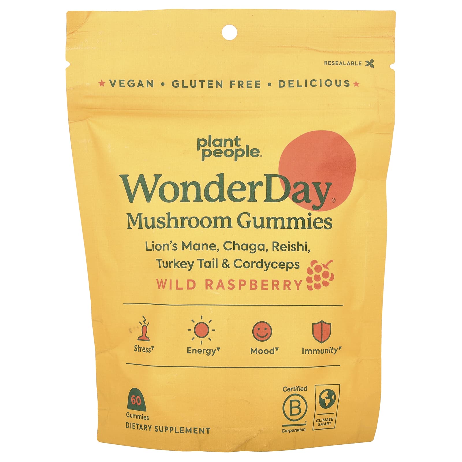 

Wonderday®, Mushroom Gummies, Wild Raspberry, 60 Gummies