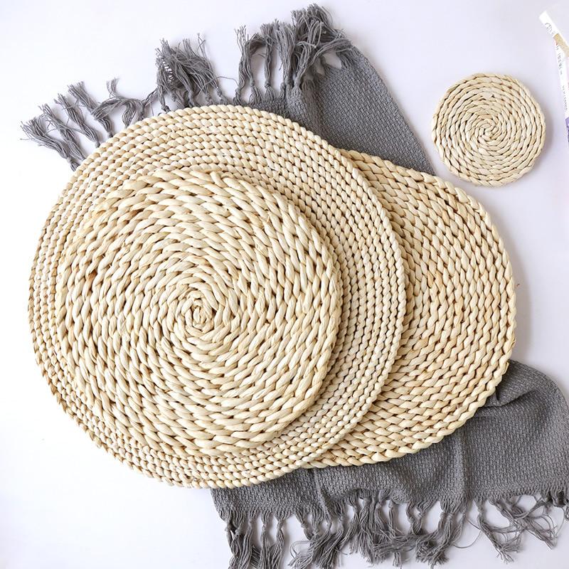Corn Fur Woven Dining Table Mat Heat Insulation Pot Holder Round Coasters Coffee Drink Tea Cup