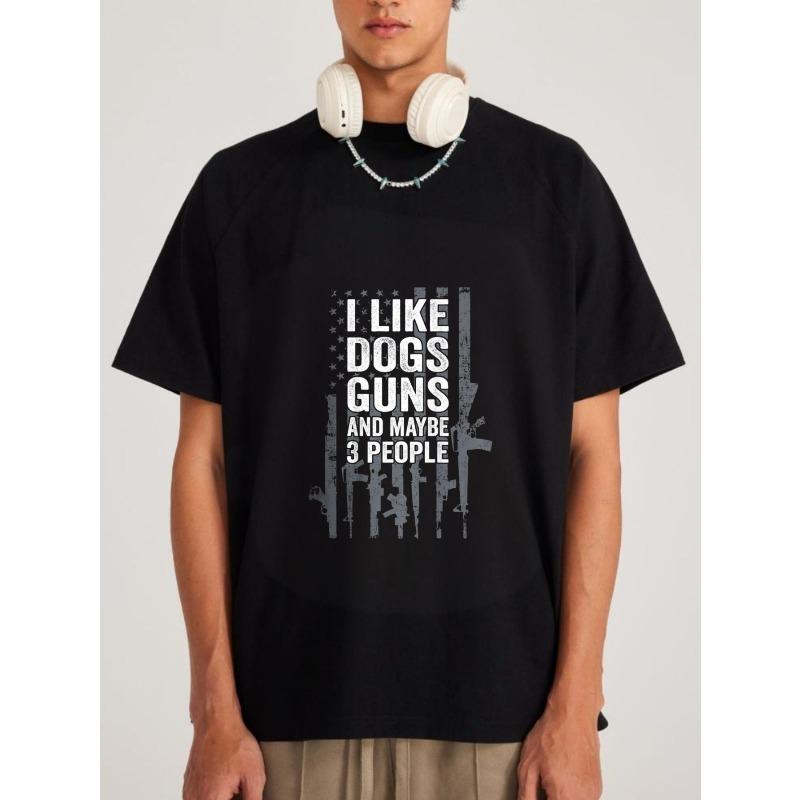 

Crew Neck T Shirt White I Like Dogs Guns and Hating People American Flag with Gun Silhouettes Graphic Print Casual Wear for Men XXXXL чорний