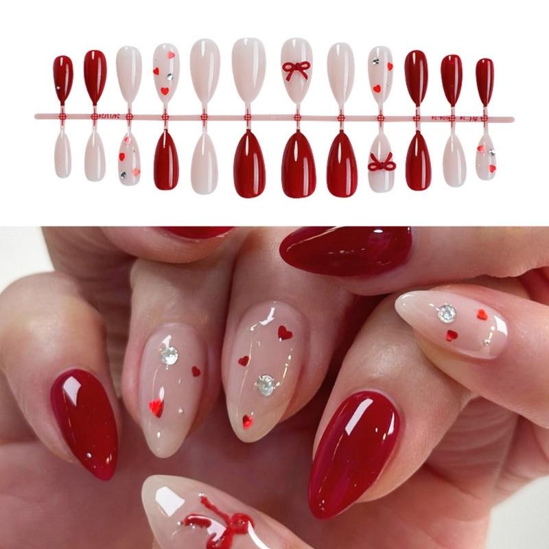 24 Pcs Heart Acrylic Nail with Rhinestones Valentines Day False Nail French Tip Stick on Nail 3D Bows Press On Nail