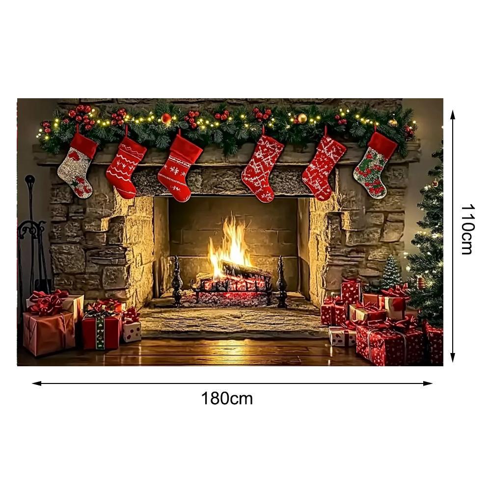 Christmas Fireplace Scene Background 180x10cm Polyester Backcloth For Xmas Photography Home 2025 Party Decorations Banners