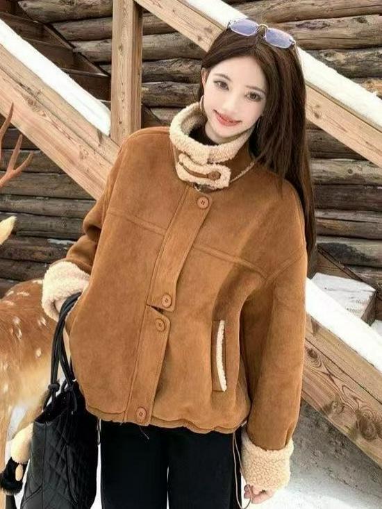 Melaleuca Plus Women's Winter 2026 Lambswool Patchwork Loose Jacket with Thickened Velvet Lapel and Long Sleeves