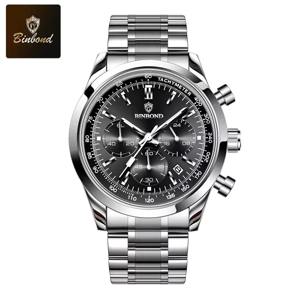 BINBOND Top Brand Luxury Man Watches Waterproof Luminous Date Chronograph Men's Quartz Watch Stainless Steel Sports Watch