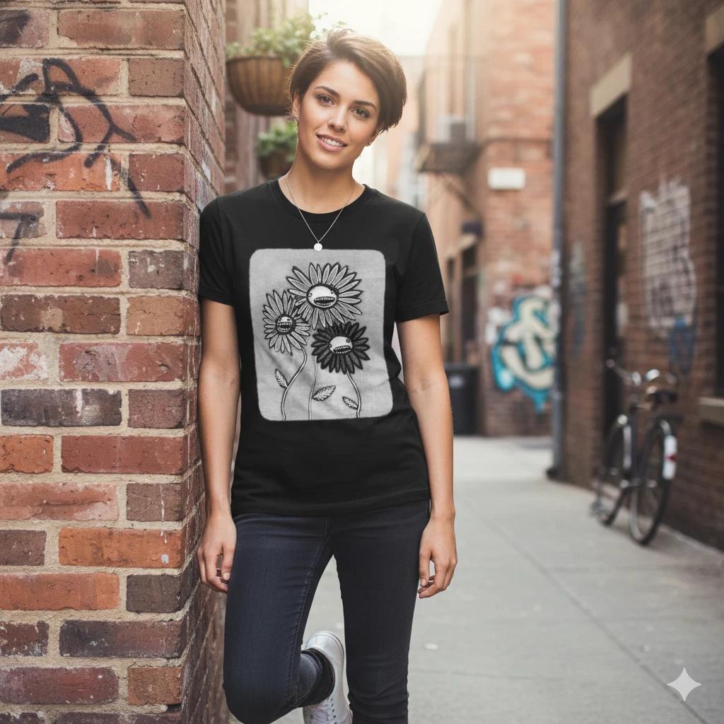 Unisex Adult Casual Graphic Creepy Smiling Flower Graphic T-Shirt S... XXL