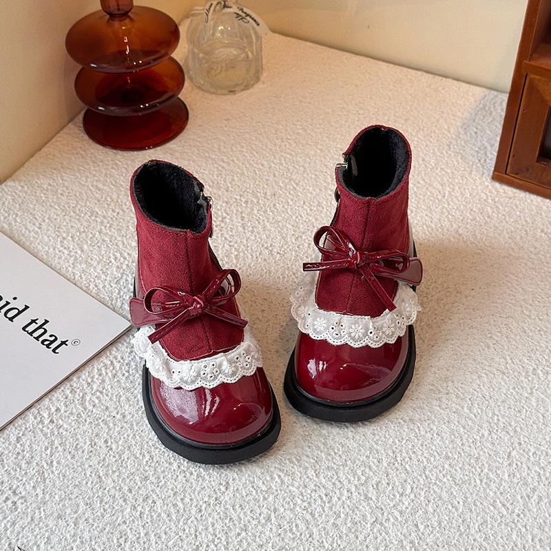 Kids Lace Bow Decor Patent Leather Ankle Boots 23 красный