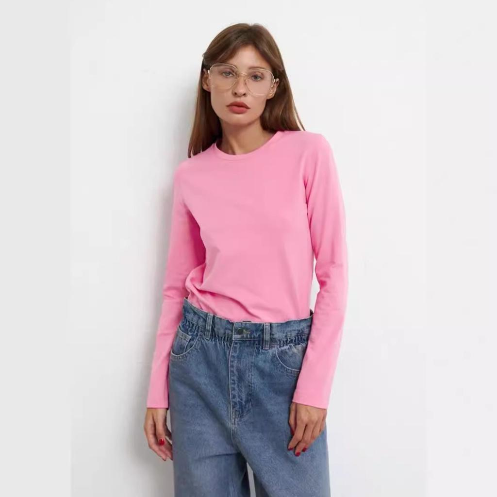 2025 Spring New Women's Cotton Long Sleeve T-Shirt Fashion Casual Versatile Office Round Neck Pullover Top